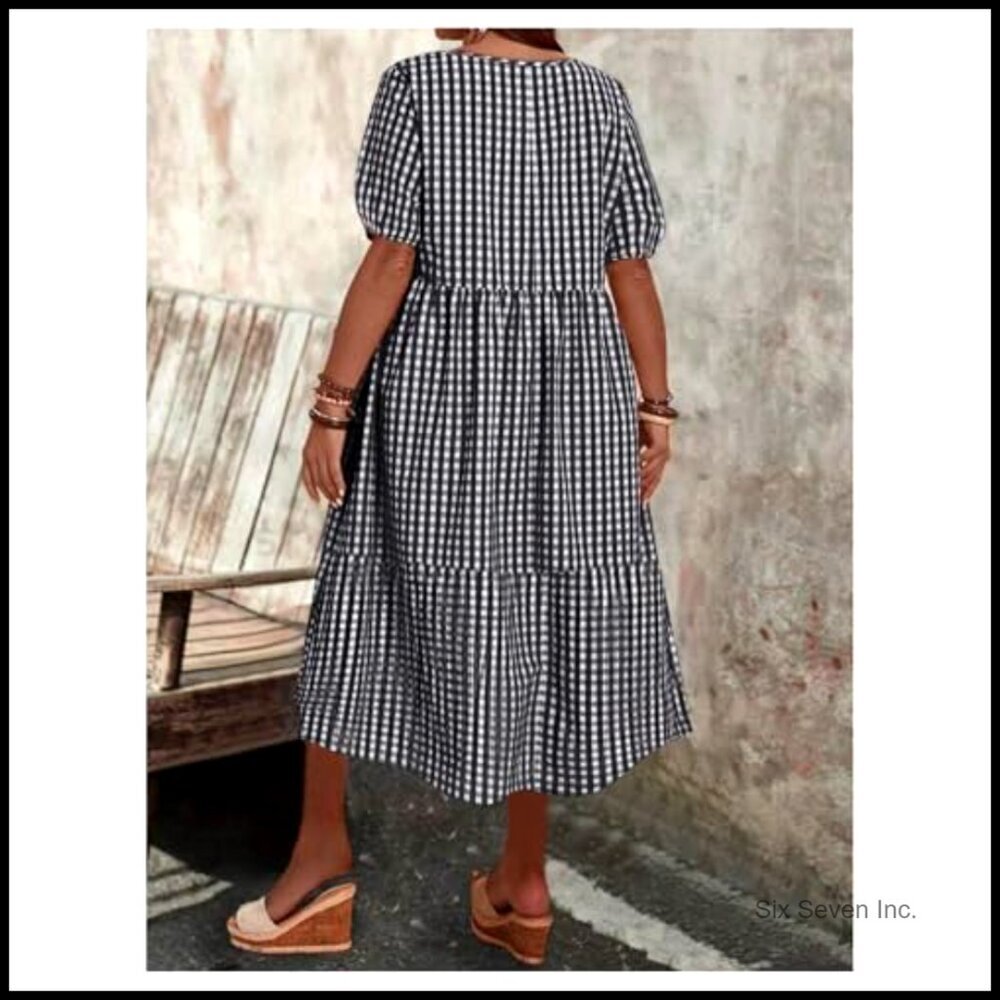 Flowy Gingham Sundress Puff Sleeve Crew Neck Midi Tiered Elegant Summer Dress - Picture 2 of 5